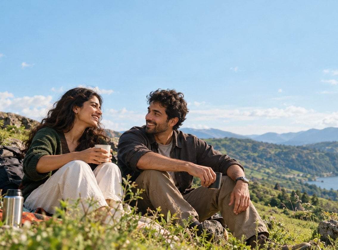 Two people sitting together on a hillside, laughing